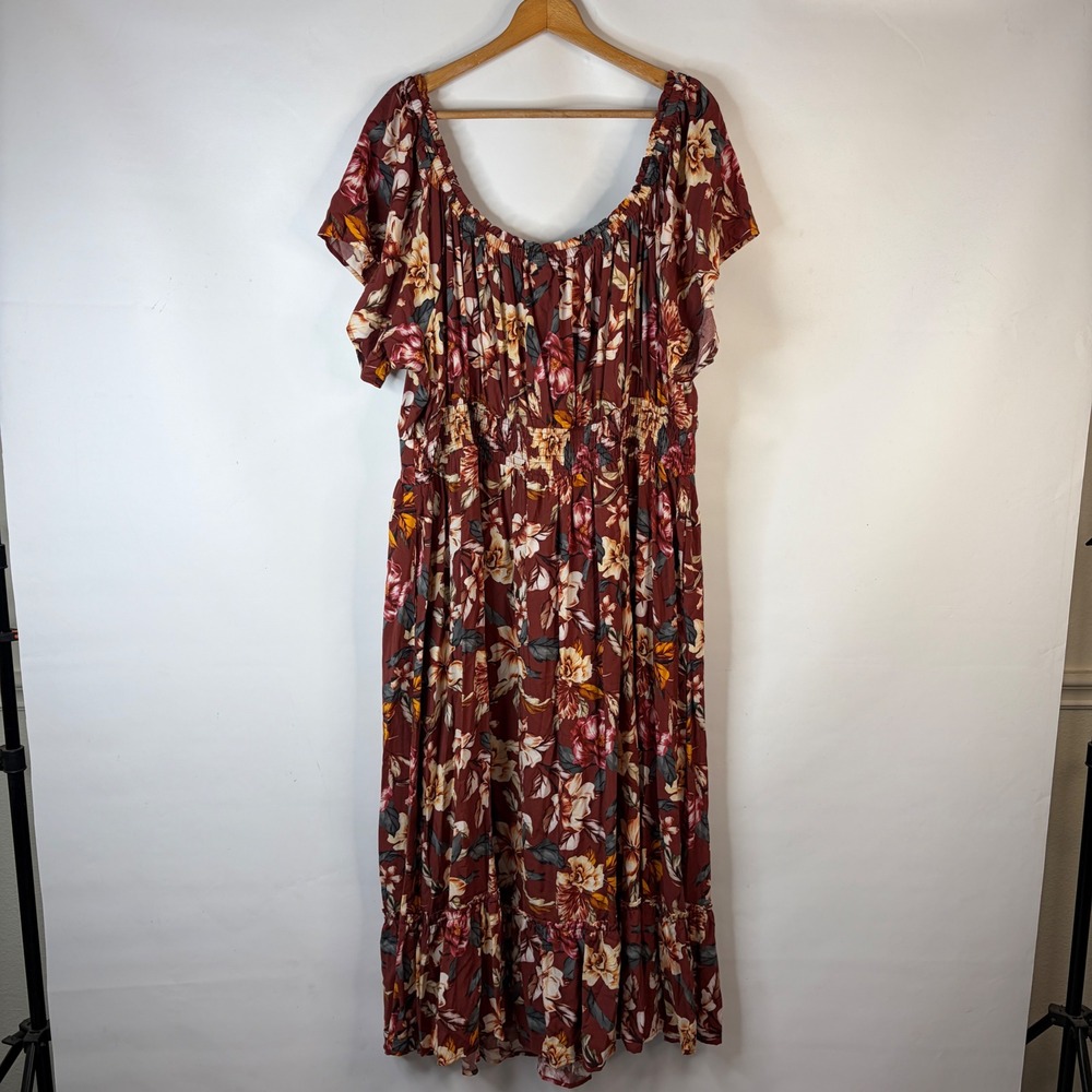 Torrid Maxi Dress Women 4 Burgundy Floral Boho Off Shoulder Ruffle Pocket - Picture 9 of 12